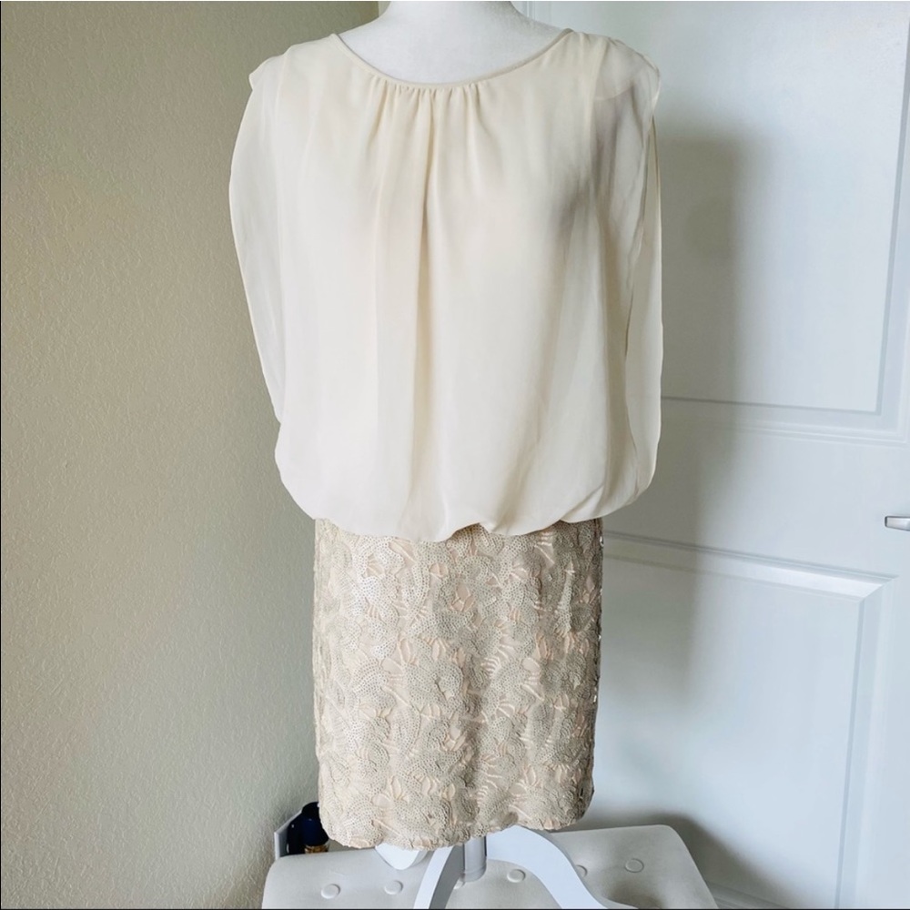 🛳 Designer’s Aidan Mattox Beige Drape Chiffon Cocktail Sequin Dress - Picture 8 of 16